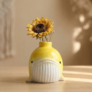 Vase baleine céramique jaune avec tournesol séché