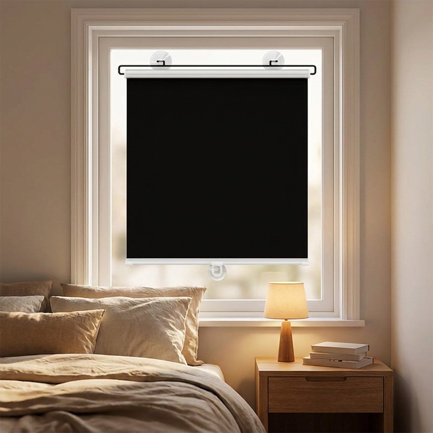 Store enrouleur occultant installé dans une chambre cosy avec lit fait et lampe de chevet