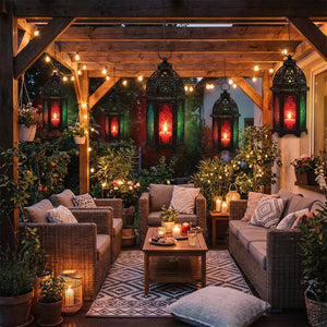 Lanternes marocaines suspendues pergola terrasse soirée bougies