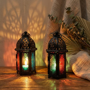 Lot de 2 lanternes marocaines métal ajouré - ambiance orientale avec bougies allumées