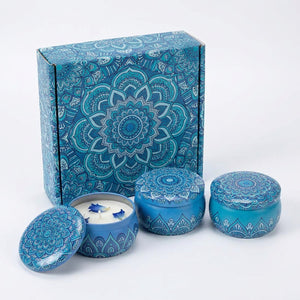 Coffret assortiment B bougies mandala tons bleus fond blanc