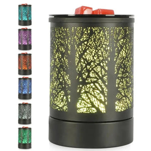 Brûle-parfum électrique noir au motif forêt avec lumière jaune sur fond blanc