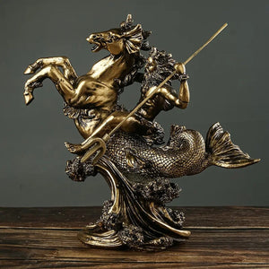Statue Poséidon chevauchant un hippocampe vue de profil finition dorée