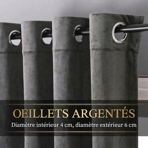 Détail des œillets argentés du rideau en velours gris