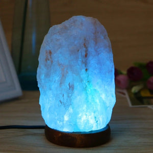 Lampe de sel de l'Himalaya allumée en bleu près d'un vase et de fleurs