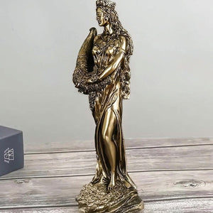 Vue profil statue Tyche résine bronze avec boîte cadeau