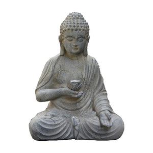 Vue complète statue Bouddha résine couleur pierre ancienne avec bol lotus sur fond blanc