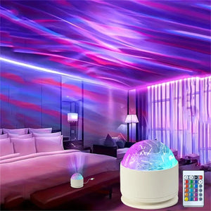 Veilleuse projecteur galaxie projetant un ciel étoilé violet et bleu au plafond et sur les murs d'une chambre