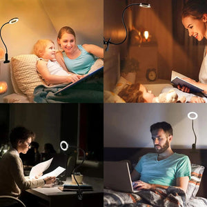 Lampe pince utilisée pour lire au lit et travailler au bureau dans quatre scènes du quotidien