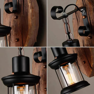 Détails de l'applique murale cage en métal noir avec support en bois brut
