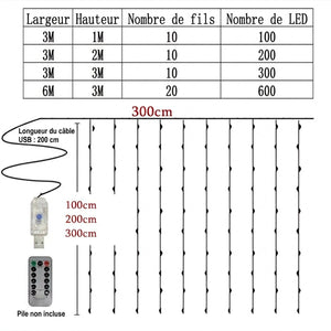 Schéma des dimensions du rideau lumineux LED, largeur et hauteur en cm selon la taille