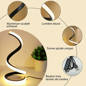 Détails de la lampe spirale aluminium sculpté et bouton trois teintes