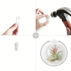 Étapes de fixation murale du vase en verre avec crochet et clou