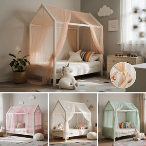 Ciel de lit enfant en mousseline camel drapé sur un lit cabane cocooning