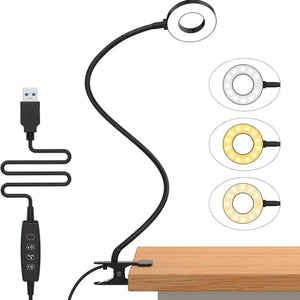 Vue complète de la lampe de bureau noire avec col de cygne flexible et pince