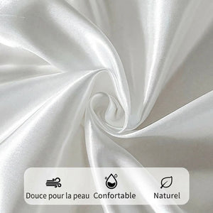 Gros plan sur le tissage satin doux et résistant du drap-housse