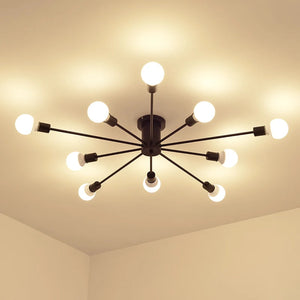 Détail des branches métalliques noires du plafonnier sputnik au plafond