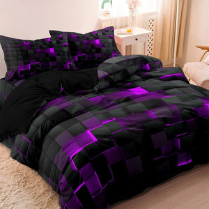 Parure de lit motif cubes 3D violets présentée sur un lit