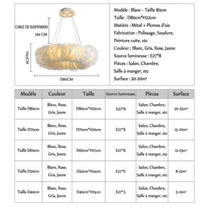 Schéma des dimensions du lustre suspension plumes par taille en cm