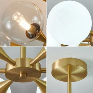 Détails du lustre art déco, globe en verre, finition laiton brossé et fixation plafond