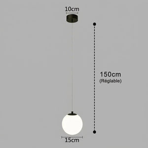 Schéma des dimensions de la suspension boule en verre opalin en centimètres