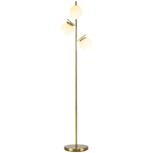 Lampadaire doré 3 globes en verre dépoli vu en entier sur fond clair