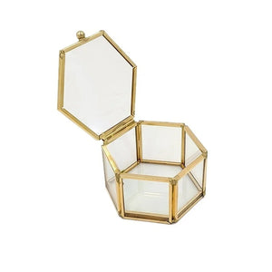 Boîte à bijoux hexagonale en verre et laiton doré ouverte vue de face