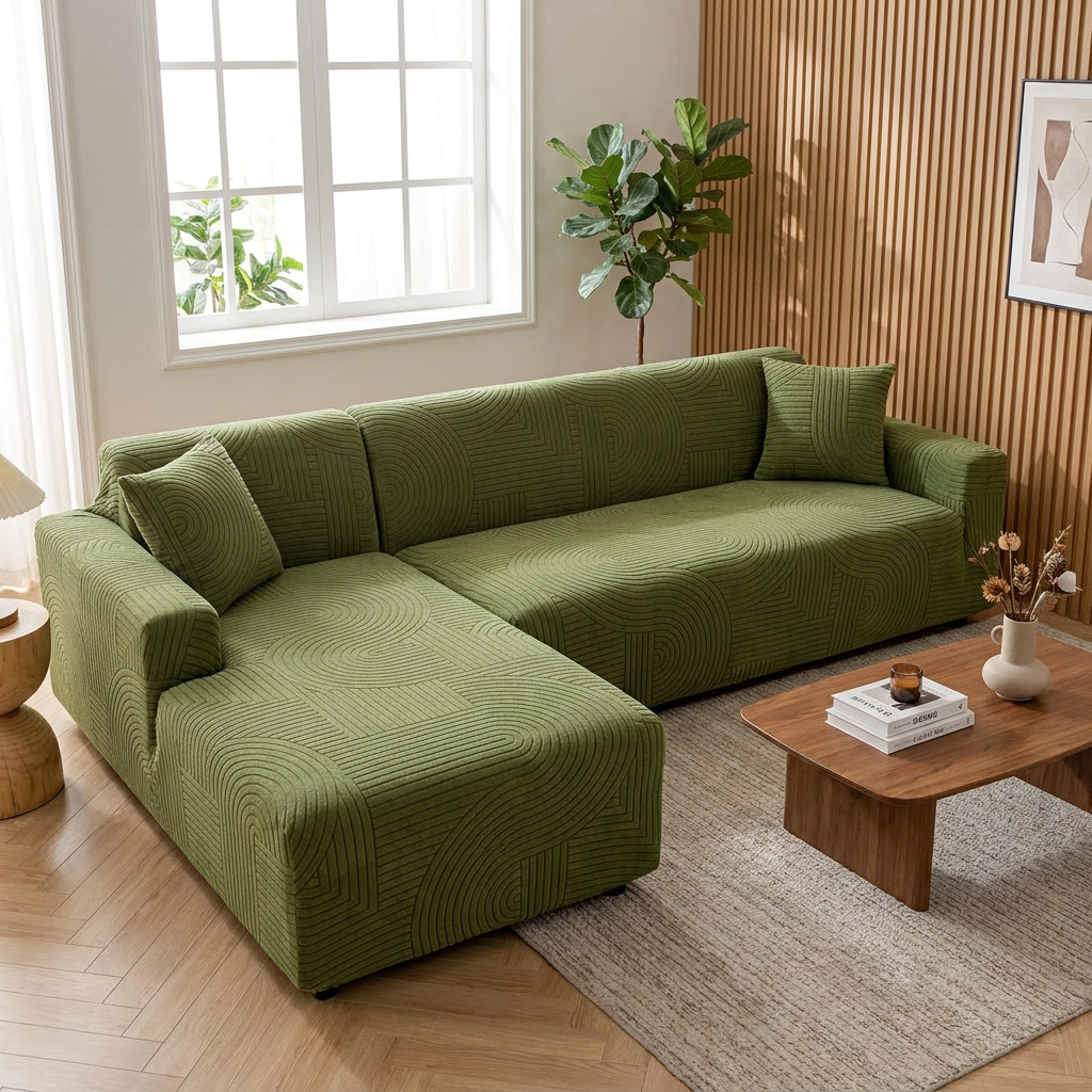 Housse de canapé vert foncé en situation