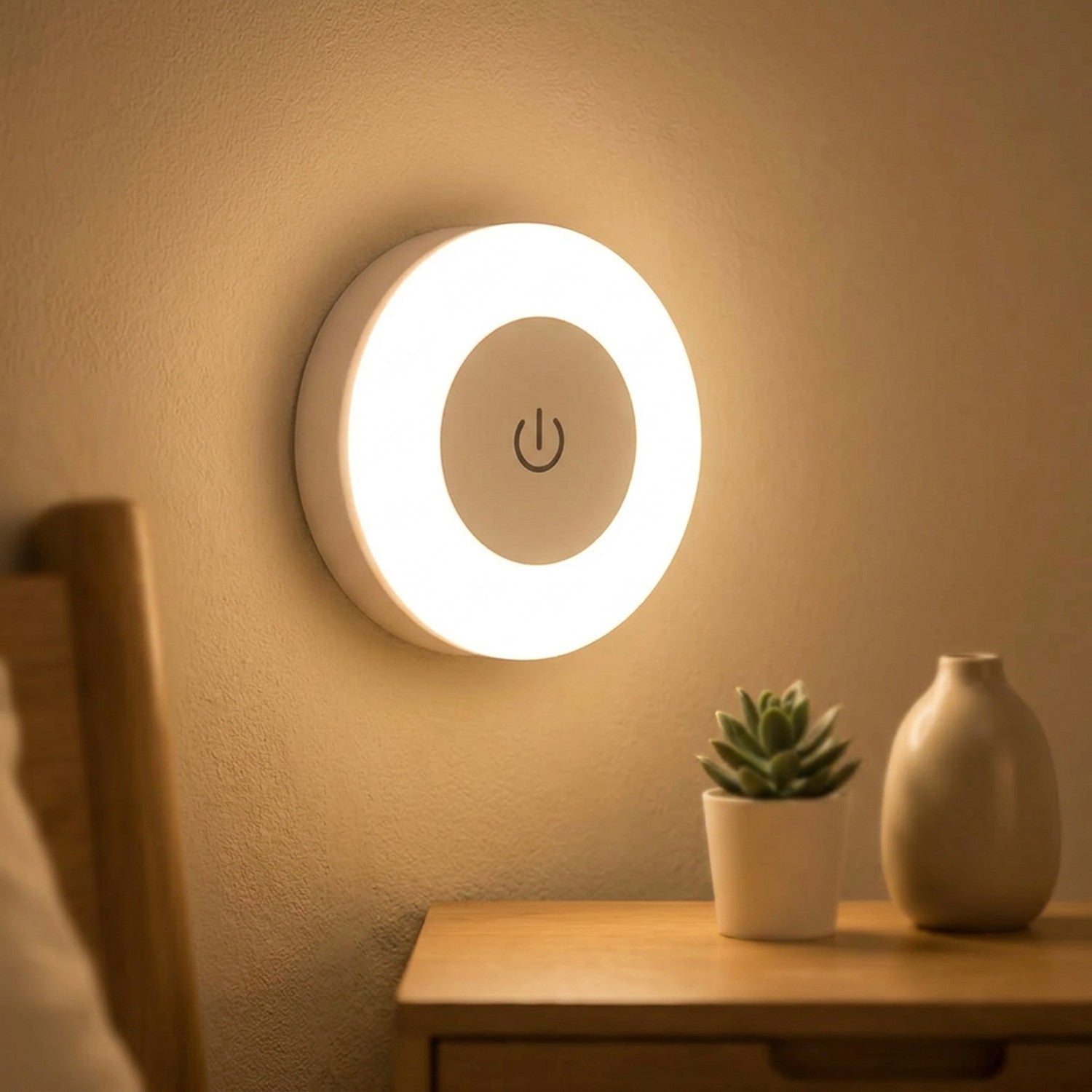 Applique murale sans fil ronde allumée en lumière chaude près d'une table de chevet
