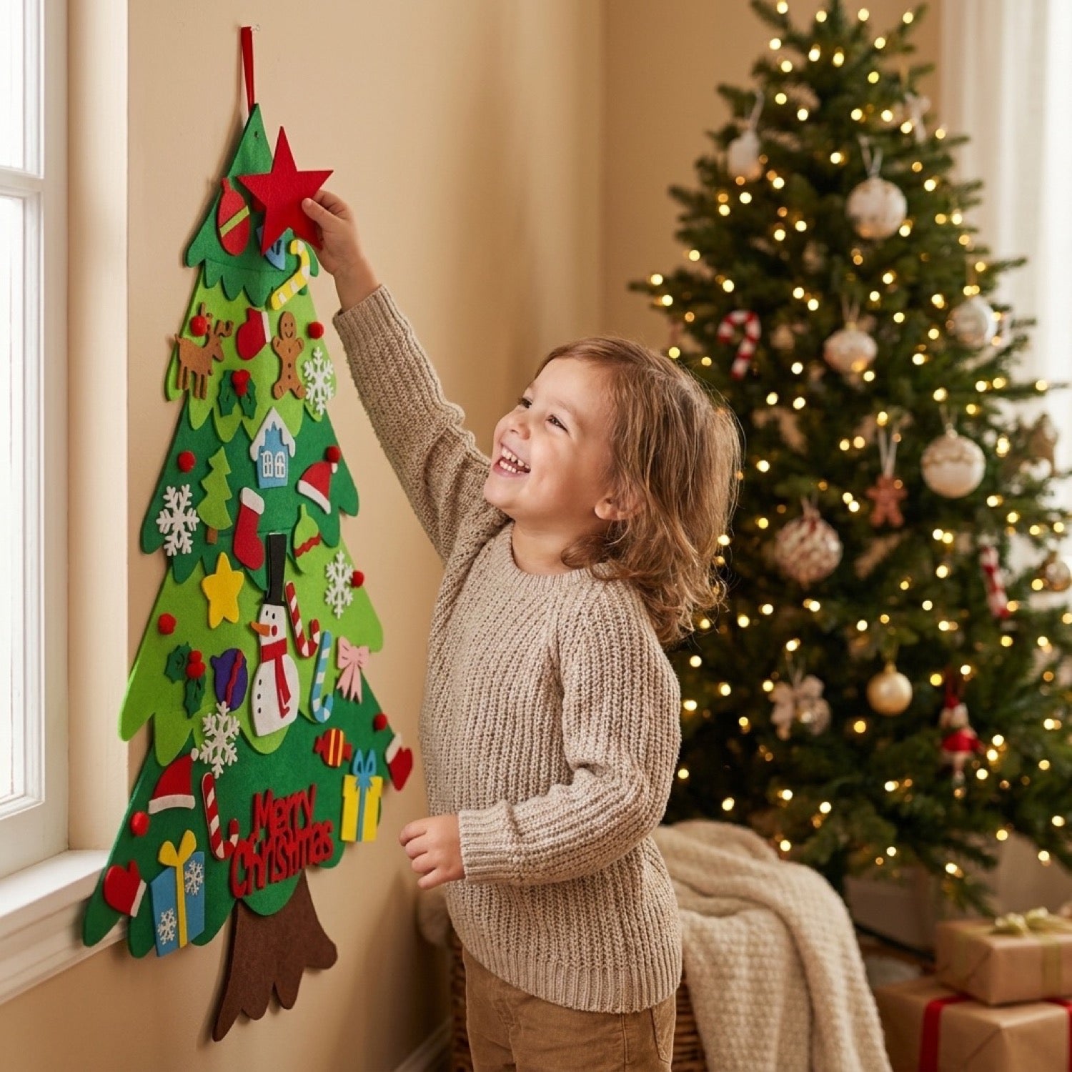 Petite fille souriante plaçant une étoile rouge en feutre sur l arbre de Noël DIY accroché au mur du salon