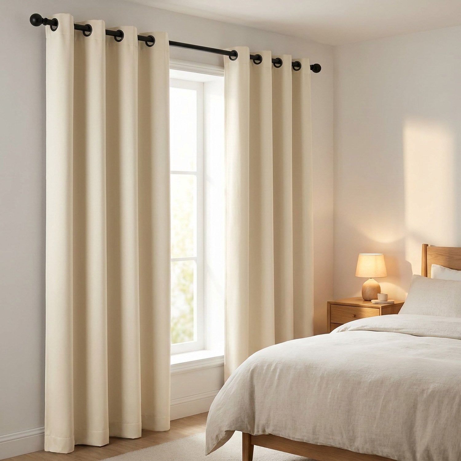 Paire de rideaux occultants beige à œillets encadrant une fenêtre dans une chambre lumineuse