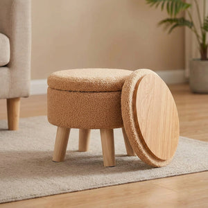 Repose-pieds coffre en velours bouclé beige avec dessus en bois