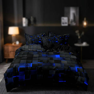 Parure de lit au motif géométrique 3D à cubes bleus lumineux installée sur un lit dans une chambre moderne