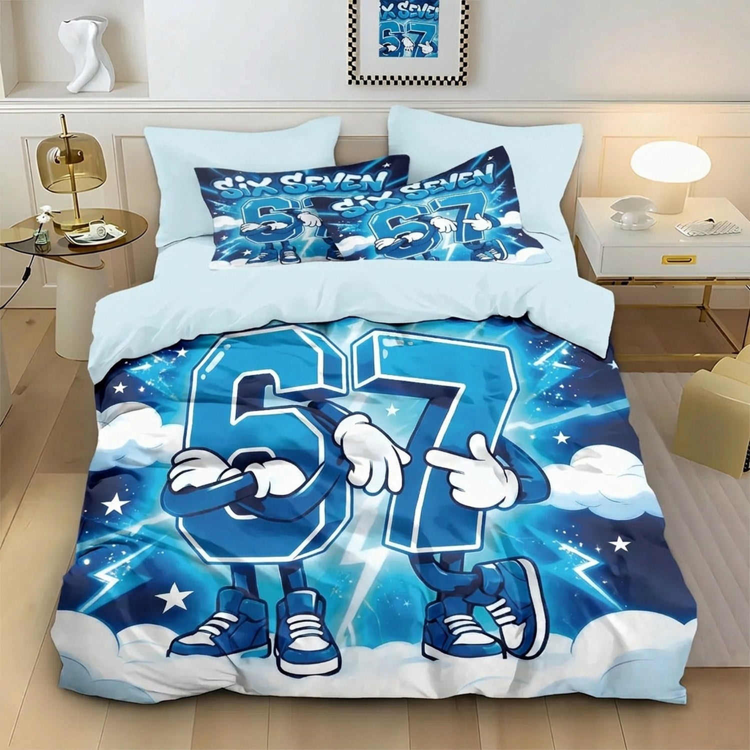 Parure de lit 6 7 six seven en bleu ciel étoilé dans une chambre d'enfant