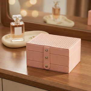 Boîte à bijoux cuir PU 3 niveaux rose sur coiffeuse