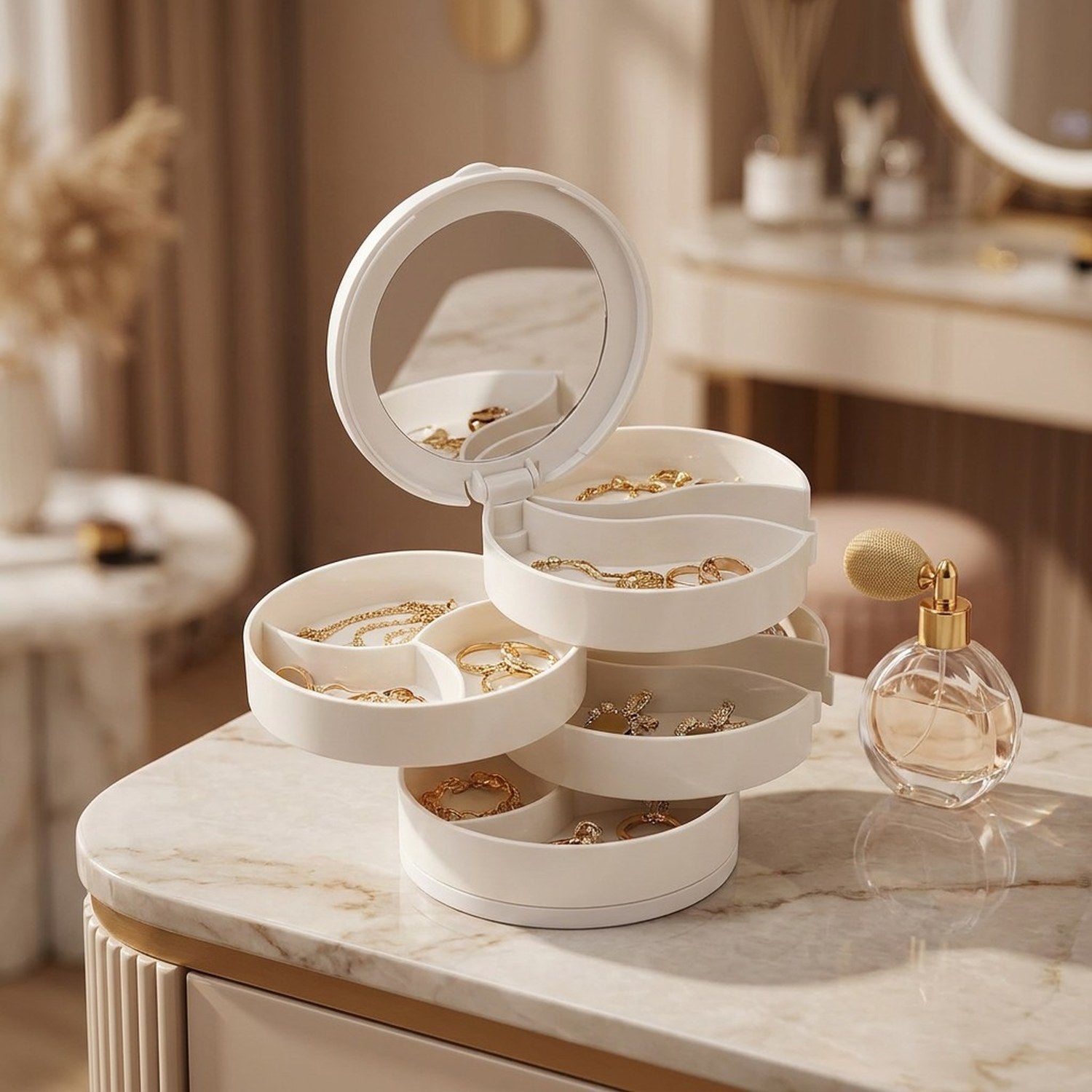 Boîte à bijoux blanche ouverte sur coiffeuse en marbre avec bijoux et flacon de parfum
