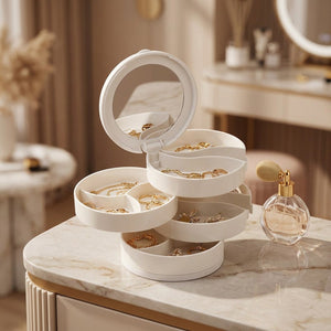 Boîte à bijoux blanche ouverte sur coiffeuse en marbre avec bijoux et flacon de parfum