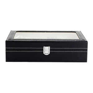 Boîte à bijoux et montres fermée vue de face avec dessus vitré