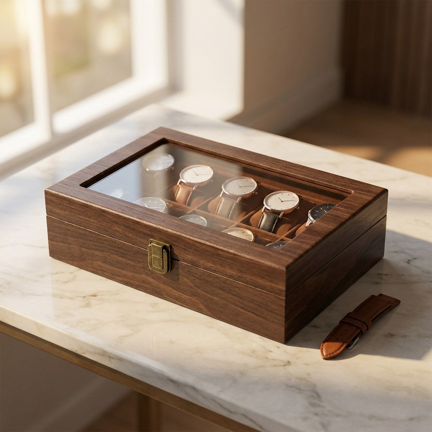 Boîte à montres en bois fermée sur une console en marbre avec un bracelet en cuir à côté