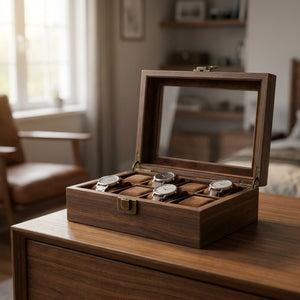 Boîte à montres en bois avec couvercle en verre coussins de velours et serrure dorée posée sur une commode