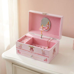Boîte à musique ballet ouverte avec ballerine tournante et miroir ovale intérieur velours rose