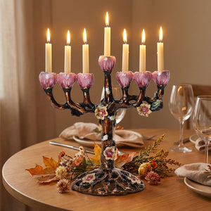 Chandelier arbre fleuri zinc émaillé 7 branches centre de table automne bougies allumées
