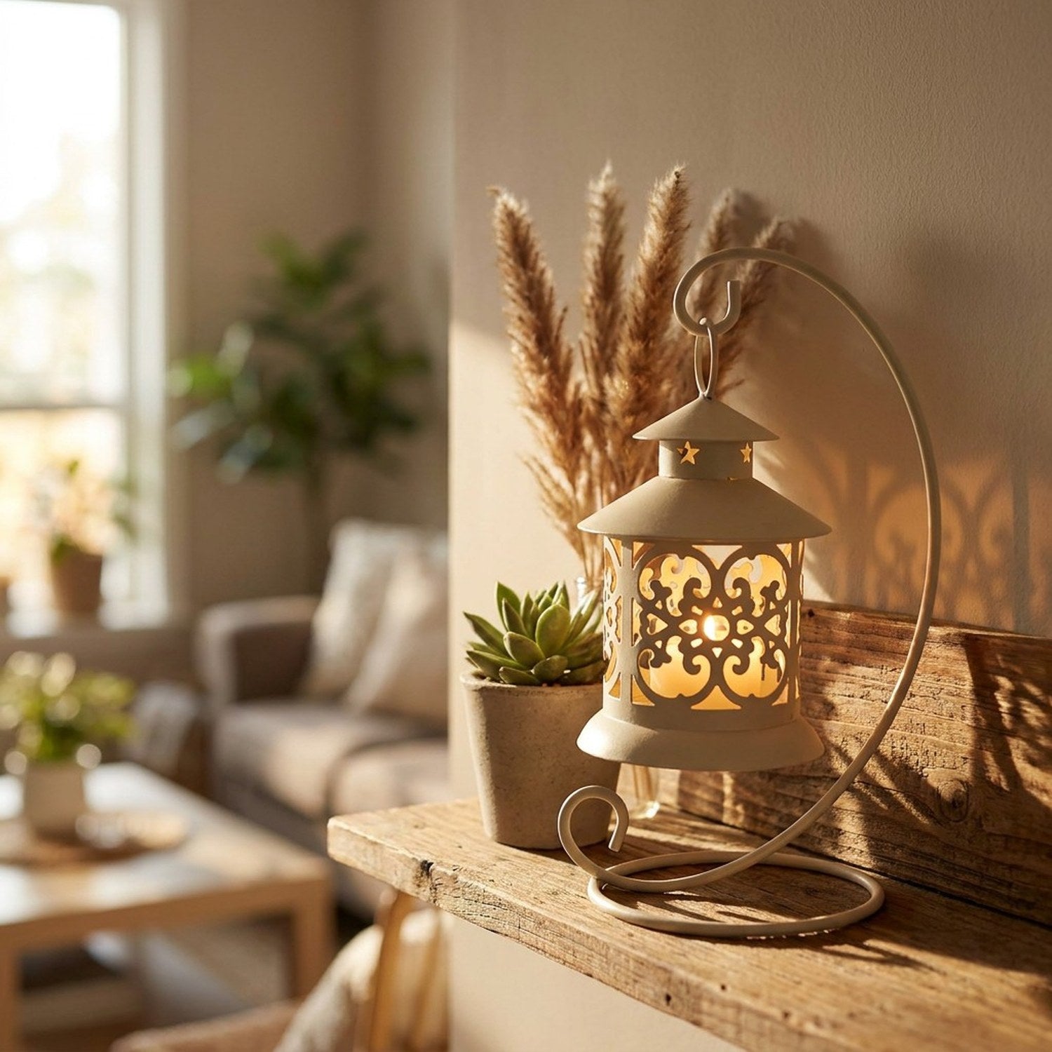 Bougeoir fer forgé ajouré vintage avec bougie allumée sur étagère en bois avec plantes
