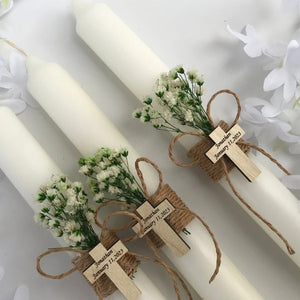Lot de 3 bougies coniques de baptême personnalisées vue de face