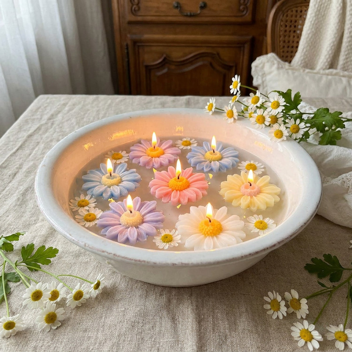 Bougies flottantes camomille colorées bol eau nappe lin fleurs séchées