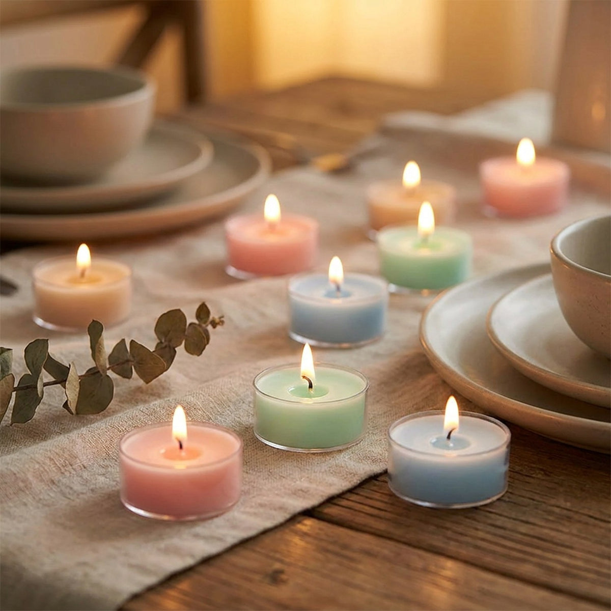 Bougies parfumées pastel allumées sur une table de dîner décorée