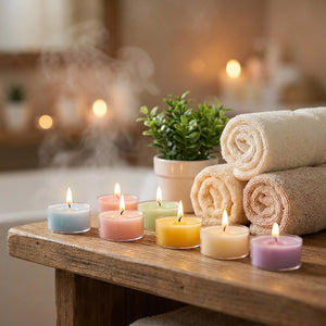 Bougies parfumées pastel allumées sur une étagère de salle de bain zen