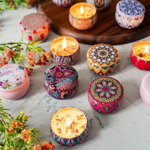 Bougie parfumée naturelle mandala boîte étain vue de dessus