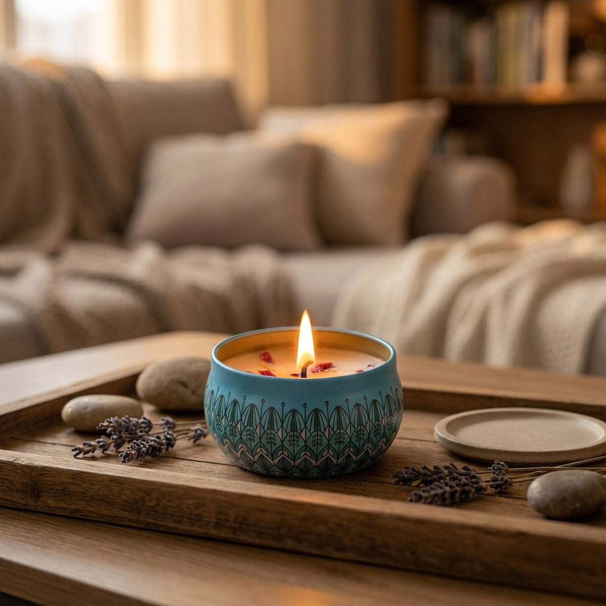 Bougie mandala allumée sur table bois ambiance chaleureuse florale