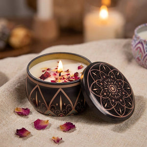 Bougie parfumée mandala cire de soja boîte étain fleurs séchées